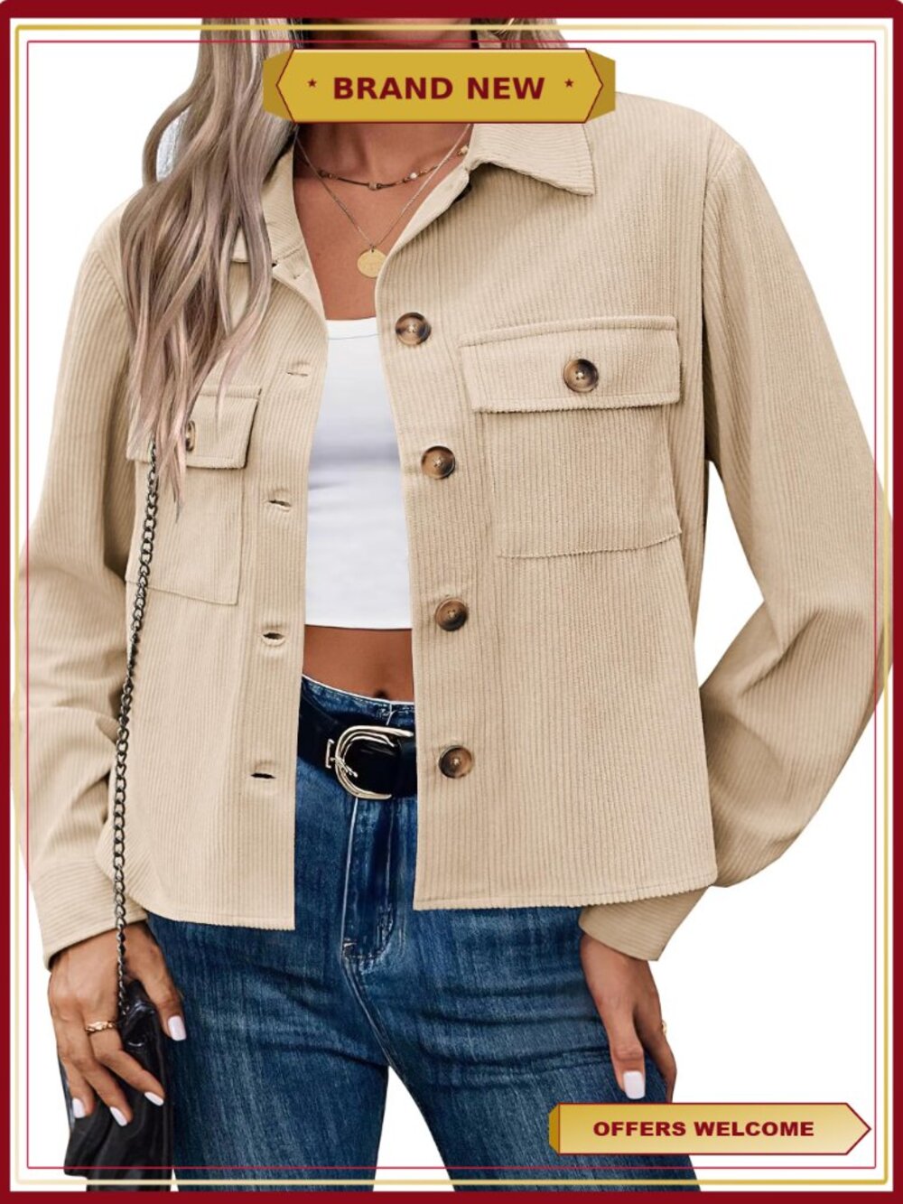 Corduroy Cropped Button-Up Shacket Casual Fall Jacket